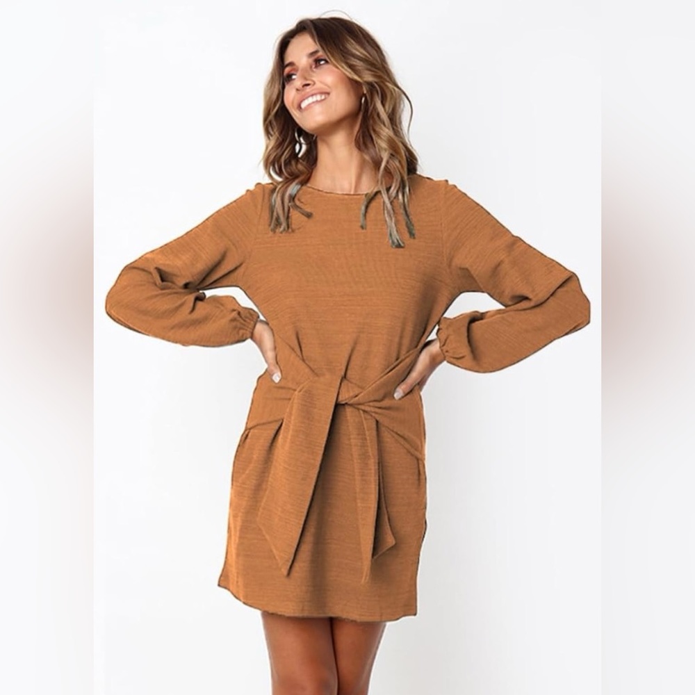 Crew neck tie waist long lantern sleeves dress yellow brown small
